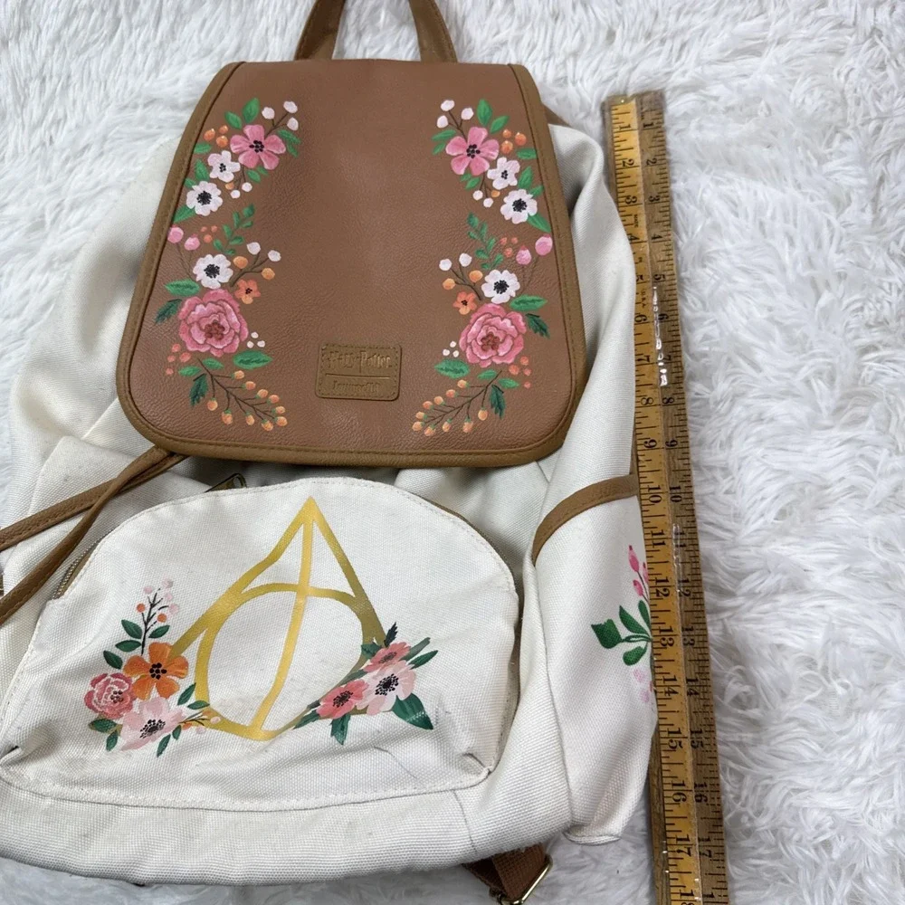 Loungefly Harry Potter Floral Deathly Hallows Slouch Backpack Cream Faux Leather